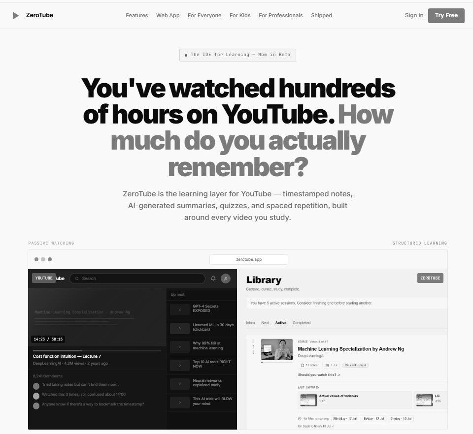 ZeroTube — distraction-free YouTube learning interface with library view